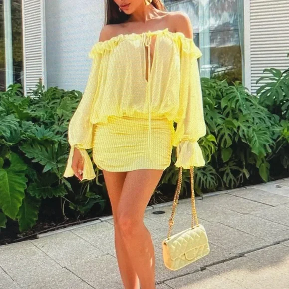 Yellow Off-Shoulder Ruffle Two-Piece Set - Picture 2 of 5